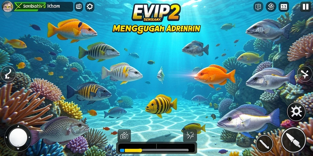 Screenshot utama EVIP2 menampilkan gameplay seru menembak ikan.