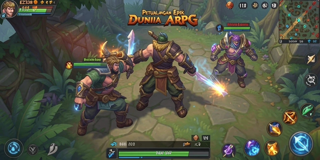 Screenshot gameplay EZ338 menampilkan pertarungan mendebarkan di dunia fantasi.
