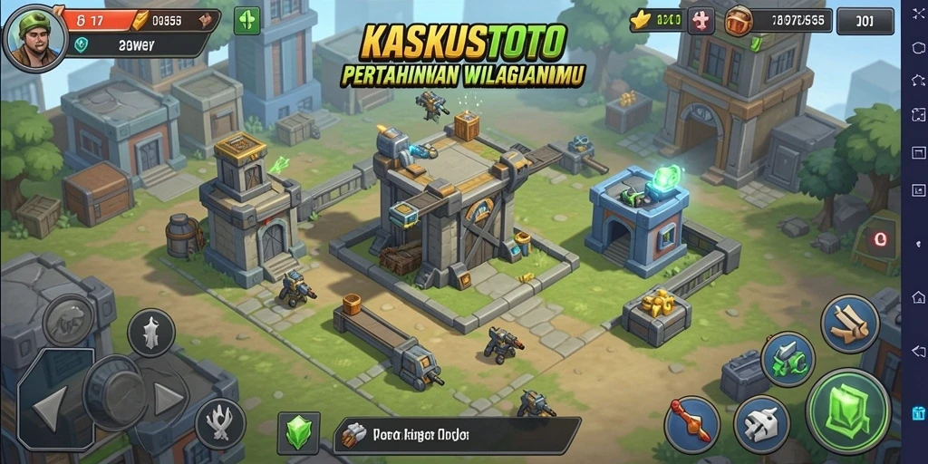Screenshot gameplay KASKUSTOTO menampilkan serangan tower ke arah musuh dengan efek visual yang menarik.