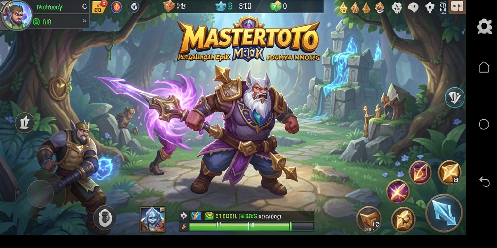 Screenshoot utama gameplay MASTERTOTO menampilkan pertarungan seru di dunia fantasi.