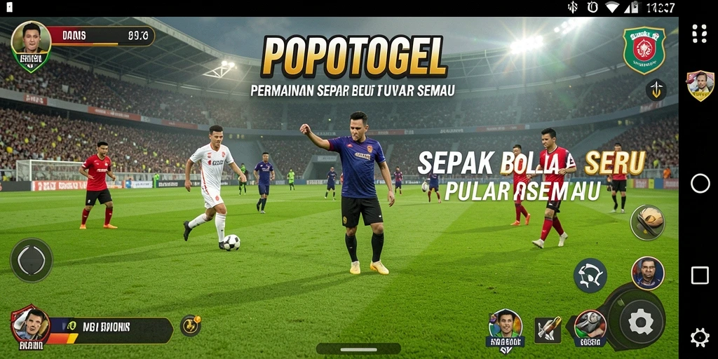 Screenshot utama menunjukkan pemain beraksi dalam permainan sepak bola yang seru.